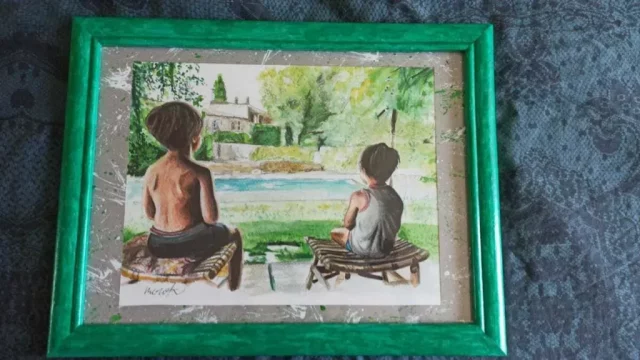 Cuadro acuarela infantil con niños junto a piscina y casa de campo Cuadro en acuarela con dos niños pequeños mirando un jardín y una piscina