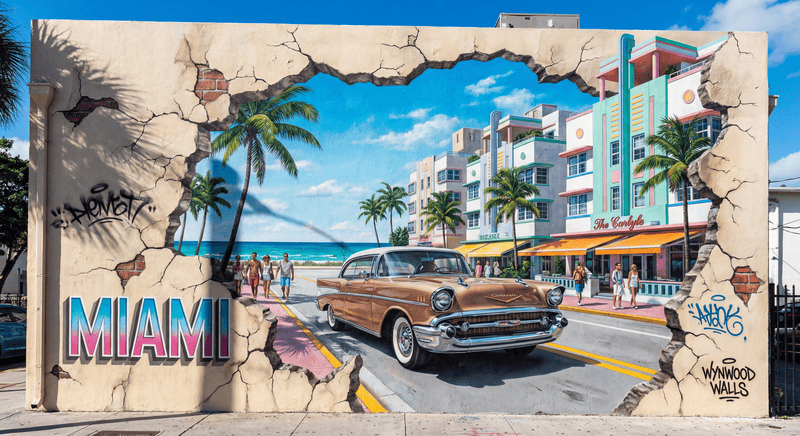 Mural de arte urbano en Miami Florida con coche clásico y escena de Ocean Drive