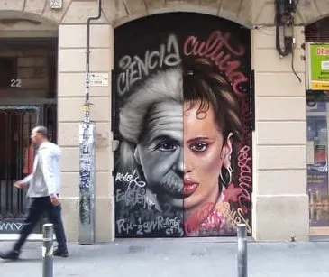 Graffiti retrato artístico en puerta urbana Graffiti retrato dividido en puerta metálica con contraste artístico