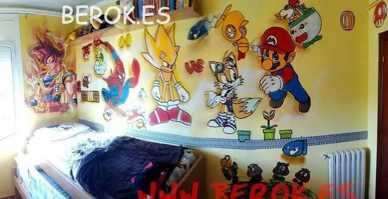 Mural infantil con personajes de Mario y otros héroes en pared de habitación juvenil