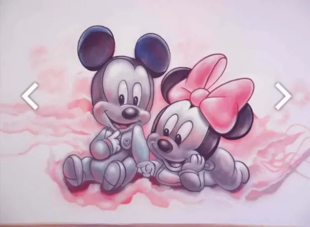 Mural infantil Mickey y Minnie bebés para habitación de bebé Mural infantil con Mickey Mouse bebé y Minnie bebé sobre nubes rosas