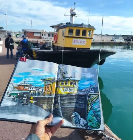 Sketching de barco en Vilanova, USK en el puerto