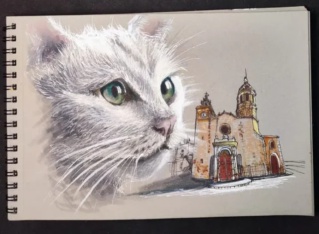 Ilustración urbana de gato y arquitectura. Ilustración artística de gato blanco con iglesia urbana al fondo.
