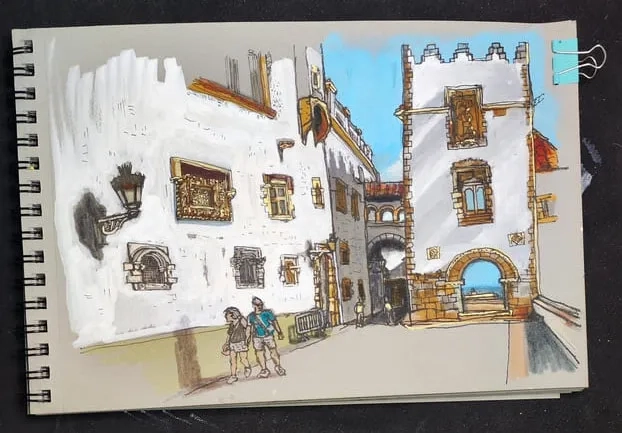 USK Sitges Racó de la Calma y Museo Maricel con rotuladores Poscas en cuaderno gris