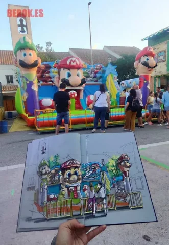 Ilustración urbana de atracción hinchable inspirada en Mario Bros