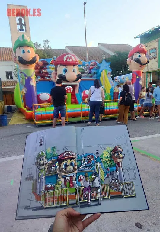 Ilustración urbana de atracción hinchable inspirada en Mario Bros