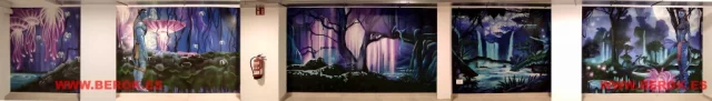 Graffiti mural paisaje Avatar con selva y cascadas de Pandora