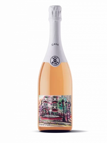 Etiqueta artística para cava inspirada en Gaudí con arquitectura modernista, plaza, fuente y trencadís