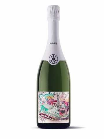 Etiqueta de cava inspirada en Gaudí con formas modernistas, ola marina y arquitectura de Barcelona