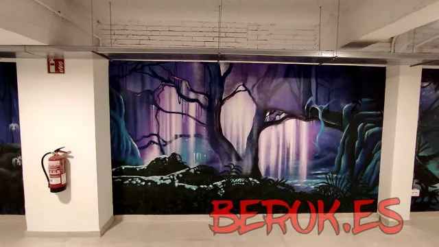 Graffiti mural Árbol de las Almas Avatar con luz bioluminiscente