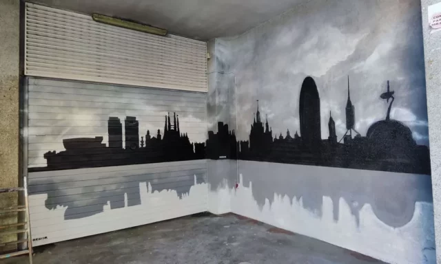 Graffiti urbano del skyline de Barcelona en parking Graffiti del skyline de Barcelona pintado en parking interior con arte urbano