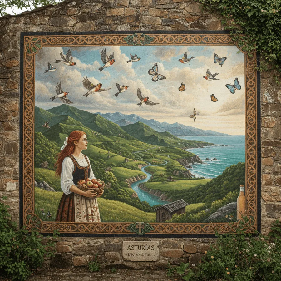 Mural en Asturias paisaje natural con montañas, río y mar pintado a mano para casa rural o edificio turístico en Cangas de Onís o Llanes