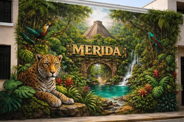 Mural en Mérida con tigre, cascada, vegetación tropical y letrero decorativo