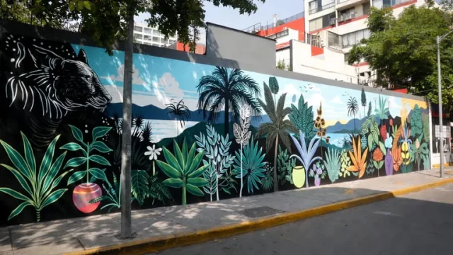 Graffiti profesional en Yucatán con mural de selva tropical, jaguar y vegetación exuberante en fachada urbana