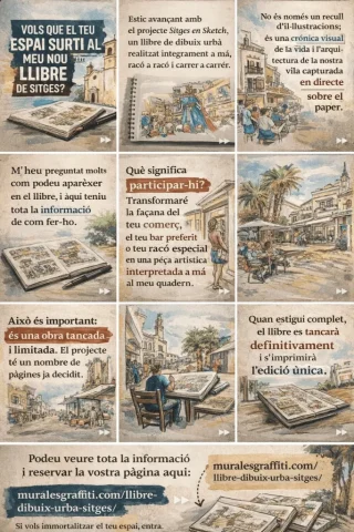Llibre de dibuix urbà per a locals de Sitges Llibre de dibuix urbà a Sitges amb il·lustracions de bars, restaurants i comerços per promocionar i anunciar locals amb art fet a mà.