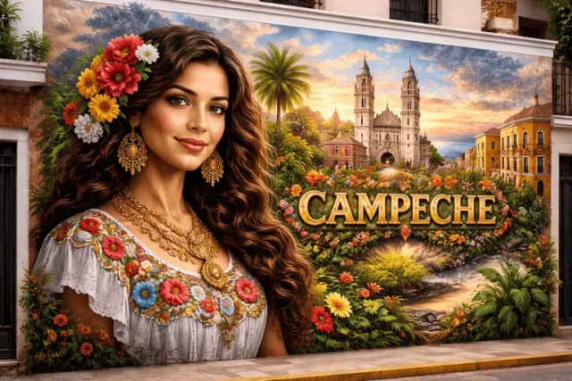 Mural en Campeche con retrato femenino, flores y catedral al atardecer