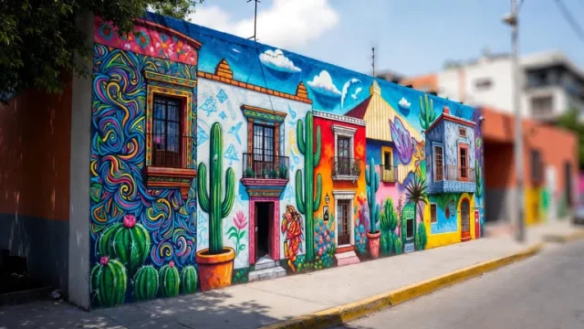 Mural urbano en CDMX con fachadas coloridas, cactus y arquitectura tradicional mexicana