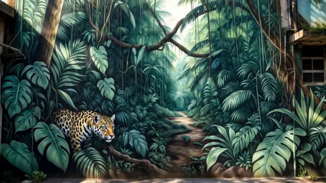 Mural en Cancún con escena de selva profunda y jaguar caminando entre vegetación densa