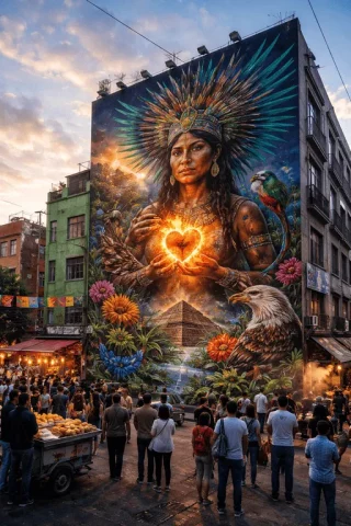 Mural en México con mujer indígena sosteniendo un corazón luminoso, rodeada de flores, pirámide y fauna
