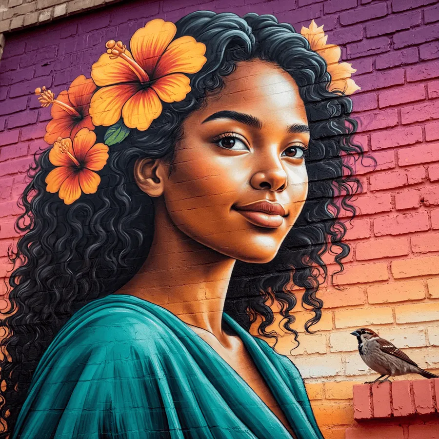 Graffiti profesional en Asturias retrato femenino realista con flores naranjas sobre fachada de ladrillo para negocio o vivienda en Oviedo, Gijón o Avilés