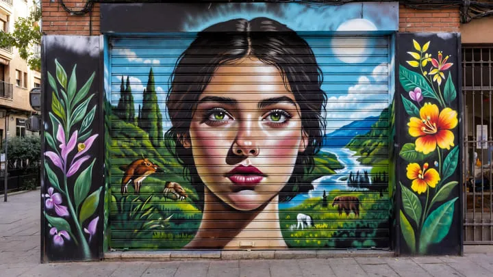 Graffiti profesional Zaragoza con mural realista de paisaje urbano y retrato femenino pintado en persiana metálica.