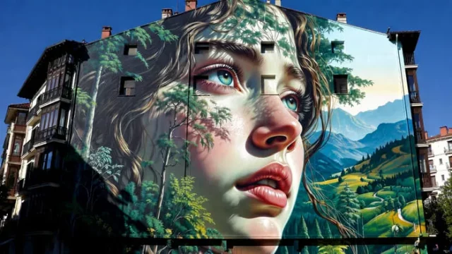 Mural realista de rostro femenino con vegetación en fachada de Bilbao, arte urbano profesional País Vasco.