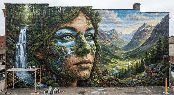 Mural graffiti realista mujer naturaleza montañas cascada arte urbano Madrid