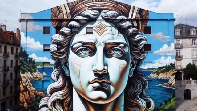 Graffiti de rostro clásico estilo escultura griega en Vitoria-Gasteiz, mural artístico profesional en Álava.