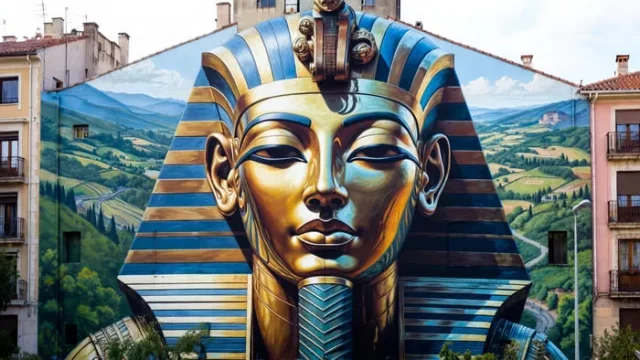 Graffiti mural de faraón egipcio dorado en fachada urbana del País Vasco, pintura artística profesional.