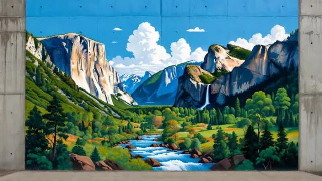 Pintura mural de paisaje montañoso y río en País Vasco, arte urbano decorativo en Bilbao y San Sebastián.