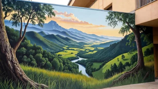 Pintura mural de paisaje natural con montañas y río en Gernika, arte urbano decorativo en el País Vasco.