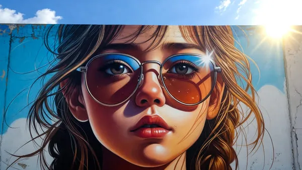 Graffiti retrato chica con gafas de sol estilo realista arte urbano Madrid