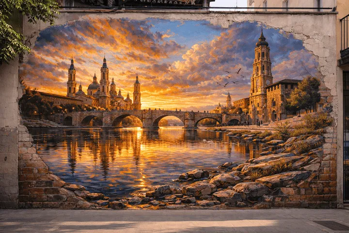 Graffiti profesional Zaragoza con mural de la Pilarica al atardecer reflejada en el río Ebro.