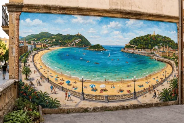 Pintura mural de la playa de La Concha en San Sebastián, arte urbano decorativo en Donostia País Vasco.