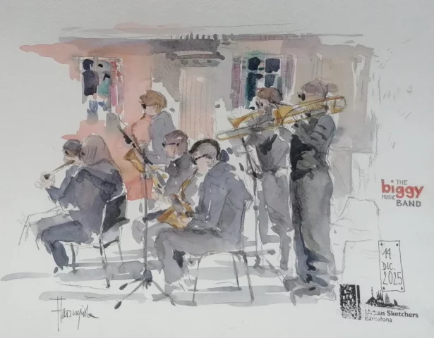 Acuarela en vivo para eventos con banda musical tocando en directo