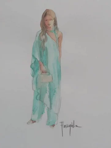 Acuarela en vivo para bodas de invitada con vestido verde elegante