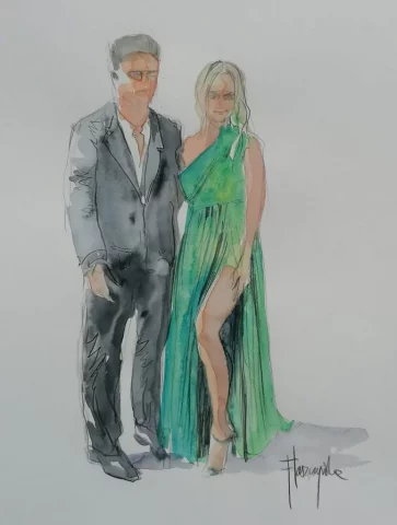 Acuarela en vivo de pareja elegante en boda con vestido verde y traje oscuro