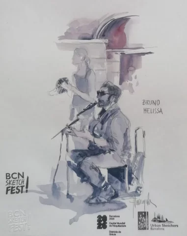 Acuarela de músico tocando en directo en evento de boda