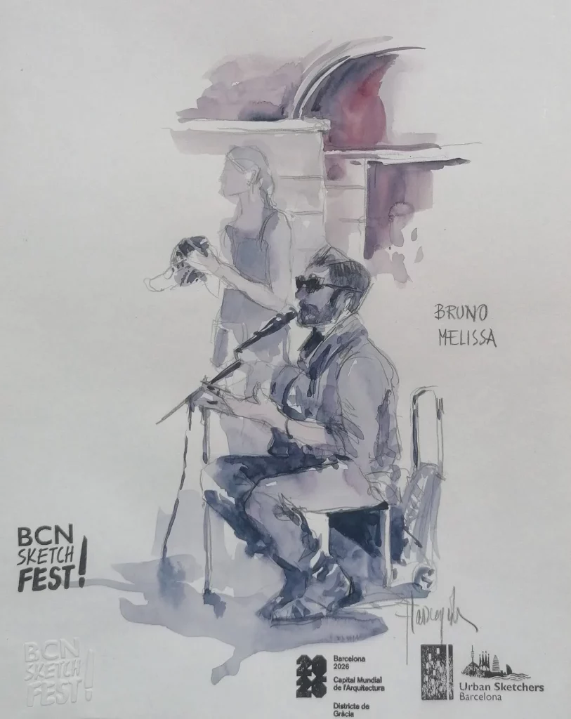 Acuarela de músico tocando en directo en evento de boda