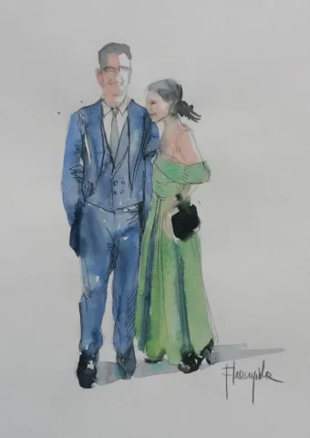 Acuarela en vivo de pareja elegante en boda con vestido verde y traje azul