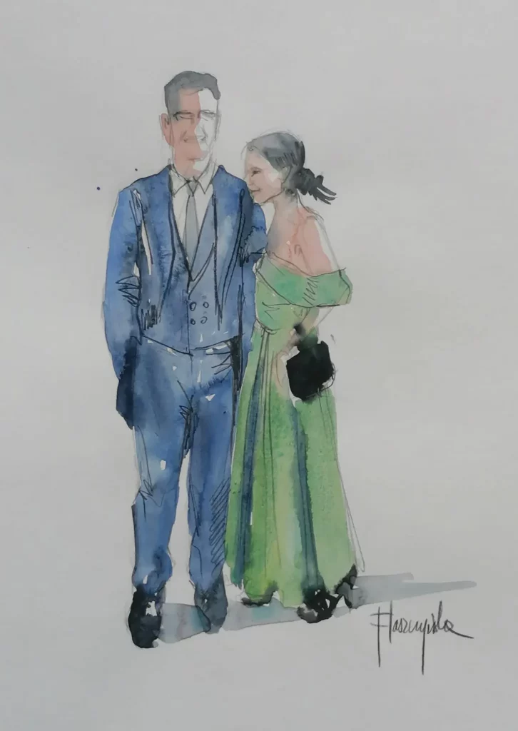 Acuarela en vivo de pareja elegante en boda con vestido verde y traje azul