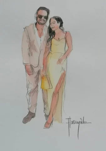 Acuarela en vivo de pareja elegante en boda con vestido amarillo y traje claro