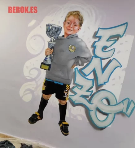 Mural infantil personalizado con retrato Graffiti retrato infantil con trofeo en habitación juvenil