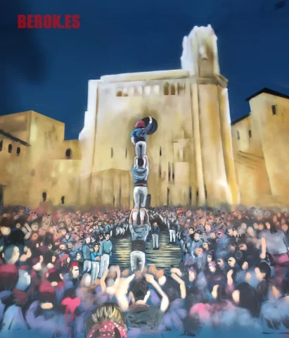 Mural castellers tradición catalana Graffiti castellers con torre humana frente a iglesia y multitud