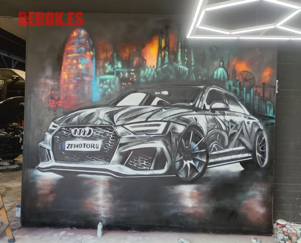 Graffiti coche deportivo audi rs6 con skyline nocturno en taller