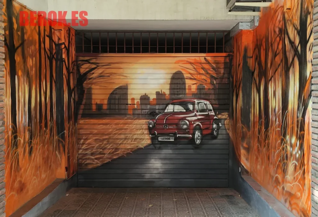 Graffiti seat 600 rojo en puerta de garaje con paisaje urbano al atardecer