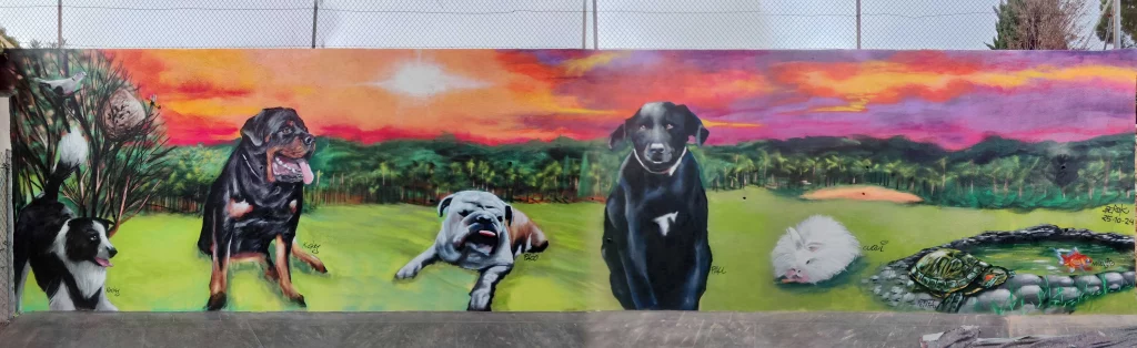 Graffiti mural mascotas con rottweiler bulldog inglés labrador y border collie