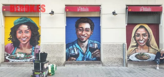 Graffiti retratos realistas en persianas restaurante la guinda con platos y bebidas