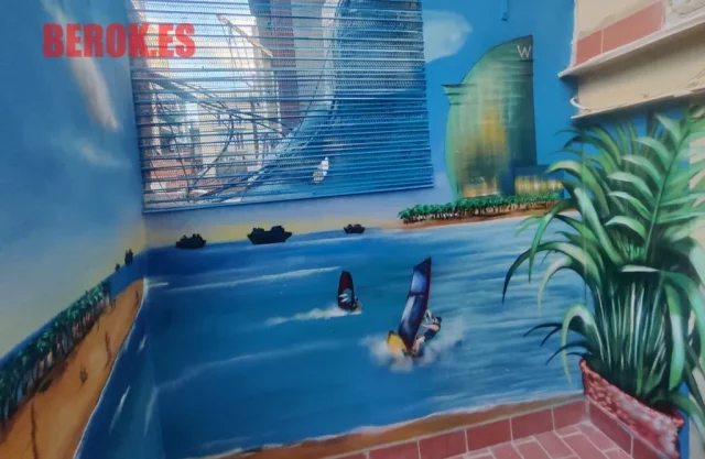 Mural playa urbana con windsurf Graffiti playa con windsurf, mar azul y hotel vela estilo barcelona