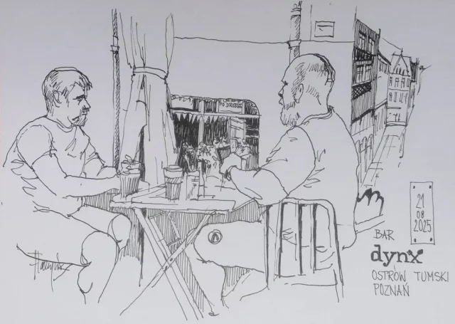Ilustración en acuarela de escena urbana en bar con personas